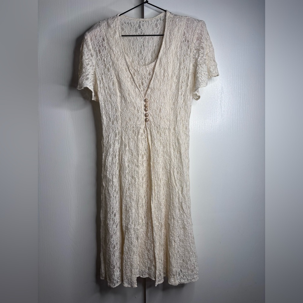 Vintage 90s Ivory Lace Midi Dress Pearl Buttons Cottagecore XL - Picture 2 of 9
